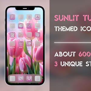 May include: A smartphone displays a pink-themed icon pack with app icons. The background features pink tulips. Text on the right reads "SUNLIT TULIPS THEMED ICON PACK" and "ABOUT 6000 ICONS 3 UNIQUE STYLES."