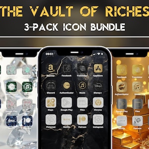 以下が含まれることがあります： 金と大理石をテーマにしたアプリのアイコンを表示する3つのスマートフォン。「THE VAULT OF RICHES 3-PACK ICON BUNDLE」というテキストが上部にあります。アプリのアイコンには、Amazon、Facebook、Instagramが含まれています。