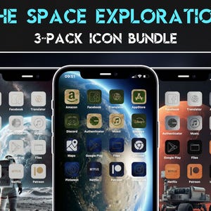 May include: Three smartphones displaying custom app icons with a space exploration theme. The screens show icons for apps like Amazon, Facebook, and Netflix, set against a backdrop of planets and astronauts. Text at the top reads "THE SPACE EXPLORATION 3-PACK ICON BUNDLE."