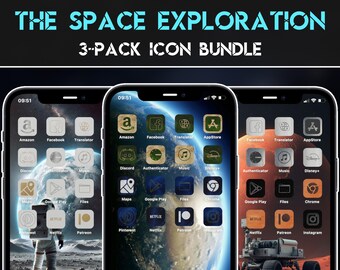 May include: Three smartphones displaying custom app icons with a space exploration theme. The screens show icons for apps like Amazon, Facebook, and Netflix, set against a backdrop of planets and astronauts. Text at the top reads "THE SPACE EXPLORATION 3-PACK ICON BUNDLE."
