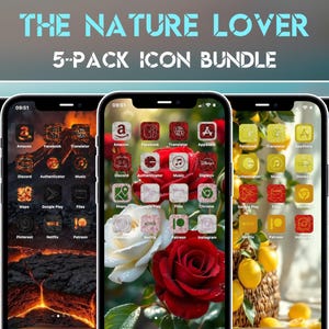 Pode incluir: Um pacote de produtos digitais intitulado "THE NATURE LOVER 5-PACK ICON BUNDLE" é exibido em cinco smartphones. Cada telefone apresenta um papel de parede com tema da natureza e ícones de aplicativos personalizados, incluindo Amazon, Facebook e Instagram. A hora 09:51 é exibida.
