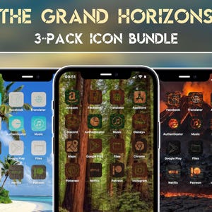 Pode incluir: Três smartphones exibindo ícones de aplicativos personalizados com fundos temáticos da natureza. O texto "THE GRAND HORIZONS 3-PACK ICON BUNDLE" está no topo. Os ícones incluem Amazon, Facebook e outros aplicativos.