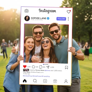May include: A group of four people smiling and holding an Instagram-style frame. The frame has a white border with a gradient of pink and orange. The Instagram interface includes a profile picture, username, and like/comment/share icons. The text reads "Strike a Pose!"