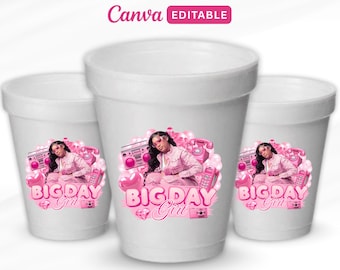 Birthday Girl Sticker, Big Day, Styrofoam Cup Pink Sticker Template, Pink Foam Cup Template, Pink Shot Glass Sticker, Birthday Party Sticker