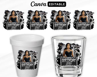Black And Silver Birthday Sticker, Styrofoam Cup Sticker, Shot Glass, All Zodiac Signs, T-Shirt Design, Canva Template, Instant Download