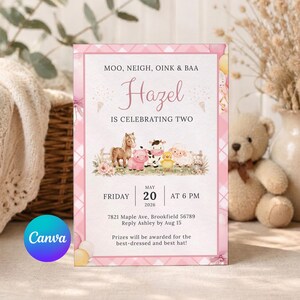 以下が含まれることがあります： 「Hazel is Celebrating Two」の文字が入ったピンク色の招待状。農場の動物のイラストと「MOO, NEIGH, OINK & BAA」の文字が特徴です。日付は2026年5月20日金曜日午後6時。Canvaのロゴが左下にあります。