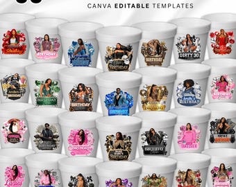 Geburtstags-Design-Vorlagen-Bundle, 30 + Geburtstagsaufkleber, Styroportassen-Aufkleber, T-Shirt-Designs, bearbeitbarer rosa Gepard, Cowgirl, Kasino, Y2k Design