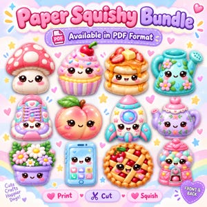Pode incluir: Um pacote de Paper Squishy para download em formato PDF com doze ilustrações coloridas em estilo kawaii, incluindo um cogumelo, cupcake, panquecas, regador, tênis, pêssego, foguete, bule, vaso de flores, smartphone, torta e uma máquina de chicletes.