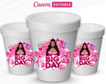 Styrofoam Cup Sticker Template, Pink and Black Birthday Cup, Pink Foam Cup Template, Pink Cup Stickers, Birthday Party Sticker Template