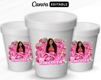 Pink Birthday Sticker, Pink Styrofoam Cup Sticker, Shot Glass, All Zodiac Signs, T-Shirt Design, Canva Template, Instant Download