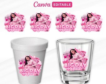 Birthday Girl Sticker, Big Day, Styrofoam Cup Pink Sticker Template, Pink Foam Cup Template, Pink Shot Glass Sticker, Birthday Party Sticker