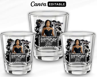 Black And Silver Birthday Sticker, Styrofoam Cup Sticker, Shot Glass, All Zodiac Signs, T-Shirt Design, Canva Template, Instant Download