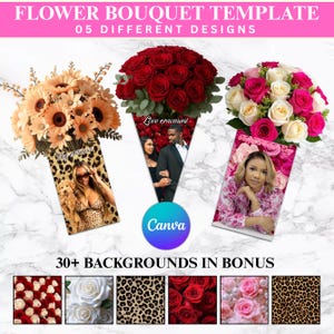 May include: A digital template showcasing flower bouquet designs. The image displays three bouquets with different flower arrangements and personalized photo inserts. Text includes "Flower Bouquet Template," "05 Different Designs," and "30+ Backgrounds in Bonus."