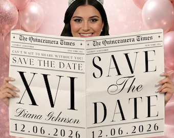 Quinceanera Newspaper Save The Date, Canva Template, Quinceañera invitation, Quince Photoshoot Newspaper, Sweet 16 Newspaper Invite