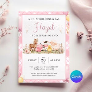 May include: A pink and white invitation for a second birthday celebration. The invitation features the name "Hazel" in cursive, along with illustrations of farm animals. The date is May 20, 2026, at 6 PM. The invitation includes the address and RSVP information.