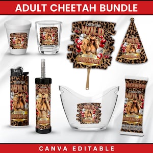 Puede incluir: Un conjunto de artículos para fiestas con un diseño de estampado de guepardo. Incluye una taza, un vaso de chupito, un abanico, un gorro de fiesta, un encendedor, una pipa para fumar, una cubitera y un paquete de aperitivos. Cada artículo presenta el texto "Let's Get Wild" y "Amila's Birthday".