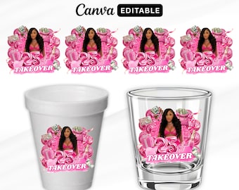 Pink Birthday Sticker, Pink Styrofoam Cup Sticker, Shot Glass, All Zodiac Signs, T-Shirt Design, Canva Template, Instant Download