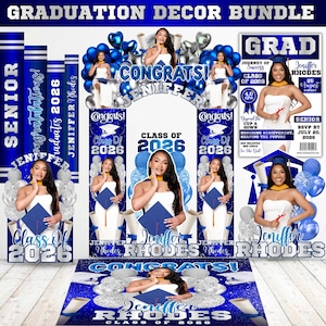 May include: A graduation decor bundle in blue and silver, featuring the text "Graduation Decor Bundle", "Congrats!", "Class of 2026", and the name "Jeniffer Rhodes". Includes banners, a backdrop, and balloon decorations. Ideal for a graduation celebration.