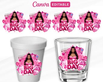Birthday Girl Sticker, Big Day, Styrofoam Cup Pink Sticker Template, Pink Foam Cup Template, Pink Shot Glass Sticker, Birthday Party Sticker