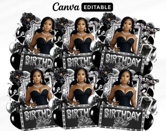 Black And Silver Birthday Sticker, Styrofoam Cup Sticker, Shot Glass, All Zodiac Signs, T-Shirt Design, Canva Template, Instant Download