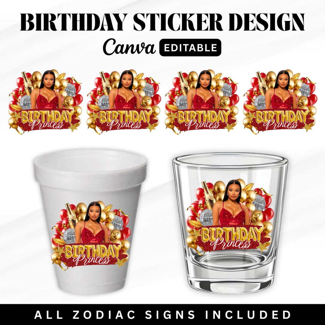 Birthday Party Stickers, Birthday Girl Red & Gold Styrofoam Cup Sticker ...