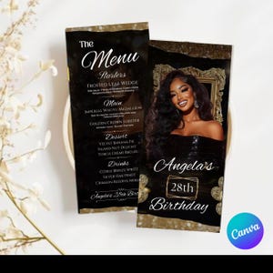 May include: Two black and gold menu cards with the text "The Menu" and "Angela's 28th Birthday". One card features a list of menu items, and the other has a photo of a woman.