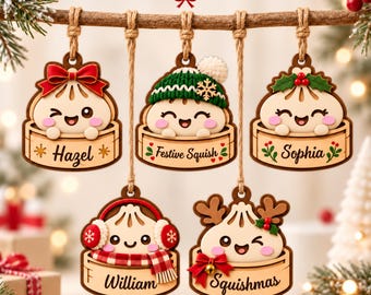 Plantilla de adorno navideño de dumpling, etiquetas kawaii editables de dumpling en Canva, adornos personalizados con nombre, Feliz Navidad Squishmas, Navidad 2026