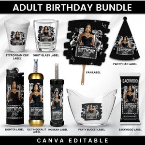 Plantillas para recuerdos de fiesta de cumpleaños para adultos, etiqueta para bolígrafo de narguile Olit, etiqueta para cigarro, vasos de poliestireno, vaso de chupito, gorro de fiesta de cumpleaños, etiqueta para encendedor, ventilador