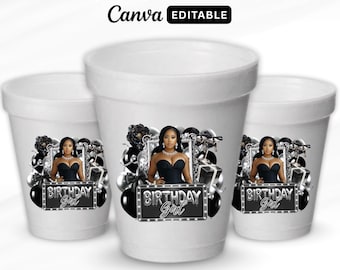 Black And Silver Birthday Sticker, Styrofoam Cup Sticker, Shot Glass, All Zodiac Signs, T-Shirt Design, Canva Template, Instant Download