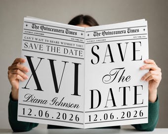 Quinceanera Save The Date Newspaper, Canva Template, Quinceañera invitation, Quince Photoshoot Newspaper, Sweet 16 Newspaper Invite