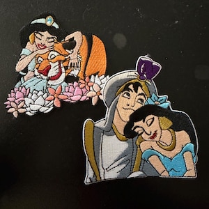 Large Embroidered Disney Princess Patches, Aladdin and Jasmine Fabric Appliqués, Rajah Tiger Patch, Princess Patch Bundle
