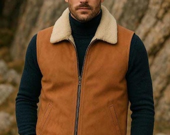 Shearling vest for men sheepskin leather & real shearling fur gilet vest luxury genuine shearling vest gift for him premium bodywarmer