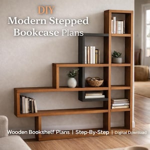 DIY Modern Stepped Bookcase Plans | Wooden Bookshelf Plans | Step-By-Step | Digital Download