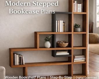 Planos de estanterías modernas escalonadas (DIY) / Planos de estanterías de madera / Paso a paso / Descarga digital