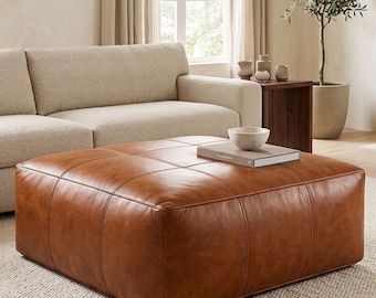 Handmade Large Brown Leather Coffee Table, Rectangular Brown leather Ottoman Footstool, Leather Living Room Unstaffed  Pouf, Leather Bench