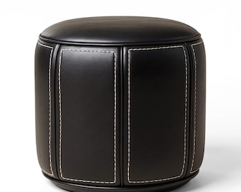 Schwarzer Leder-Ottomane, handgenähter Leder-Ottomane mit Stauraum, Wohnzimmer-Fußhocker, marokkanischer handgefertigter Ottomanen-Pouf-Bezug