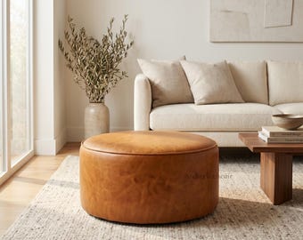 Round Leather Ottoman Pouf, Moorccan Light Brown Leather Footstool Pouf, Round Leather Hassock Living room Pouf, Round Coffee Table Pouf