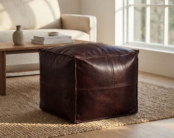 Handmade Square Moroccan Vintage Burgundy Leather Pouf Ottoman Genuine Leather Footstool Coffee Table Floor Seating Unstuffed