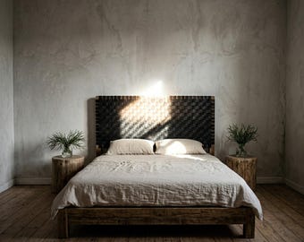 Cabecero rústico de cuero genuino negro, cabecero marroquí tejido a mano para una decoración única de estilo bohemio.