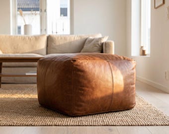 ヴィンテージブラウンモロッコレザープーフオットマン、手作りの正方形フットレスト、フットスツール、フロアクッション