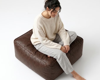 Handmade Square Moroccan Vintage Burgundy Leather Pouf Ottoman Genuine Leather Footstool Coffee Table Floor Seating Unstuffed