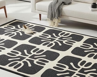 Black Beige Tribal Print Area Rug, Modern Boho Decor, Living Room Bedroom Office, Gift