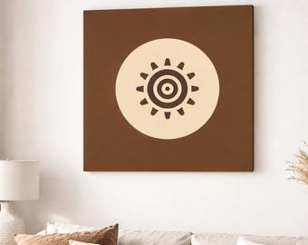 Impresión en lienzo mate / Arte mural estirado / Decoración de inspiración africana con motivos solares / Arte marrón y beige