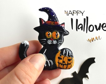 HALLOWEEN CAT - Cute handmade Cat Magnet  | Cat with Pumpkin | Souvenir | UNIQUE | gift for cat lovers | Halloween party gift