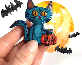 Cute handmade Magnet for Halloween | Cat with Pumpkin | Souvenir | unique piece | gift for cat lovers | halloween party gift