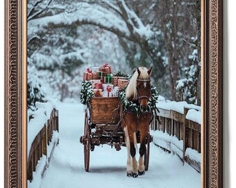 May include: A framed print depicts a horse-drawn cart laden with wrapped gifts and greenery, crossing a snow-covered bridge. The horse, adorned with a wreath, is brown with a white mane and forelegs. The scene is set in a snowy forest.