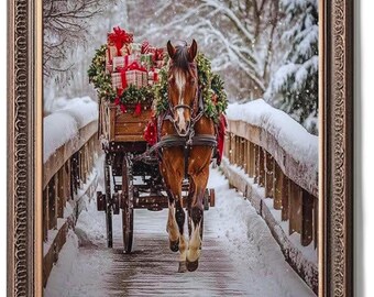 May include: A framed print depicts a brown horse pulling a wooden cart laden with wrapped gifts and greenery across a snow-covered bridge. The horse is adorned with a wreath, and the scene is set in a snowy winter landscape. The frame is a dark brown color.