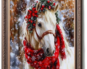May include: A framed painting of a white horse adorned with a festive wreath and a red scarf with snowflake patterns. The horse is set against a snowy winter backdrop, creating a seasonal and decorative artwork.