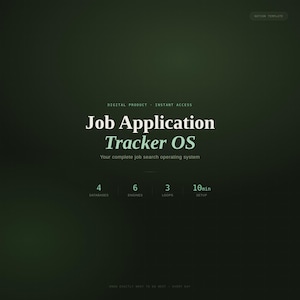 Op de afbeelding: Een donkergroene digitale productsjabloon getiteld Job Application Tracker OS. Het bevat de tekst Digital Product, Instant Access en Your complete job search operating system, met statistieken voor 4 databases, 6 engines, 3 loops en 10min setup.