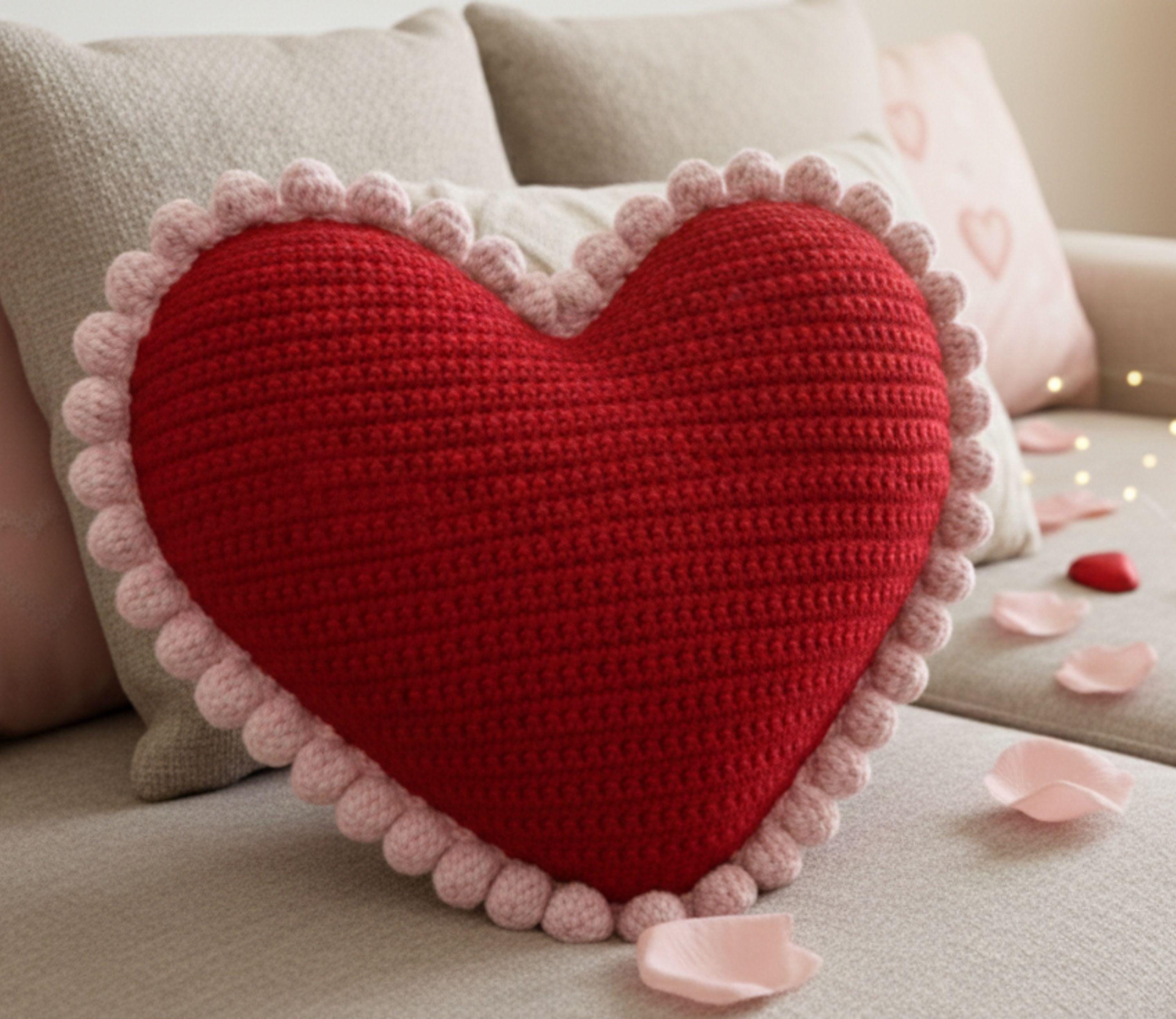 40 Heart Pillow Crochet Patterns for Cozy Home Decor and Handmade Gifts 34 Heart Pillow Crochet Pattern with Bobble Pompom Edge Home